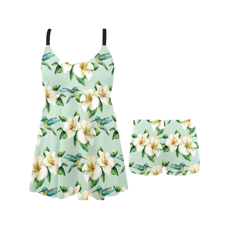 Hummingbird Pattern Print Design 01 Chest Sexy Pleated Two Piece Swim Dress