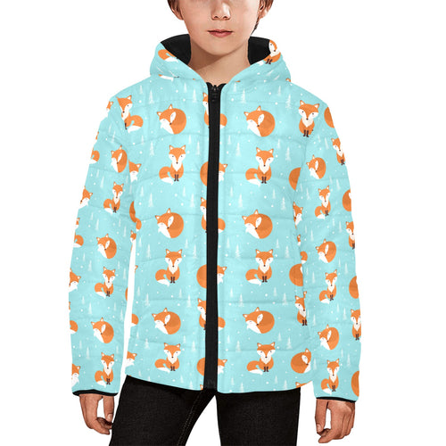 Fox pattern blue b ackground Kids' Boys' Girls' Padded Hooded Jacket