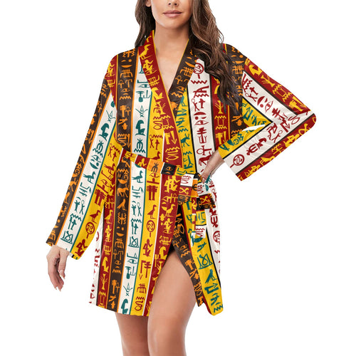 Egypt Hieroglyphics Pattern Print Design 01 Women's Long Sleeve Belted Night Robe