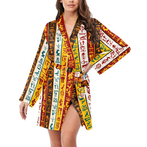 Egypt Hieroglyphics Pattern Print Design 01 Women's Long Sleeve Belted Night Robe