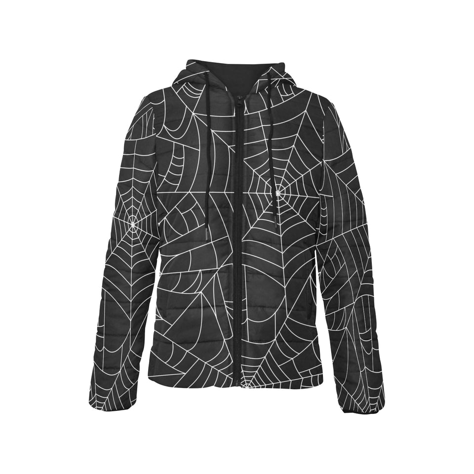 Spider web pattern Black background white cobweb Women's Padded Hooded Jacket