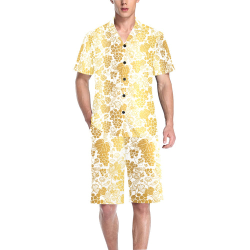 Gold grape pattern Men's V-Neck Short Pajama Set