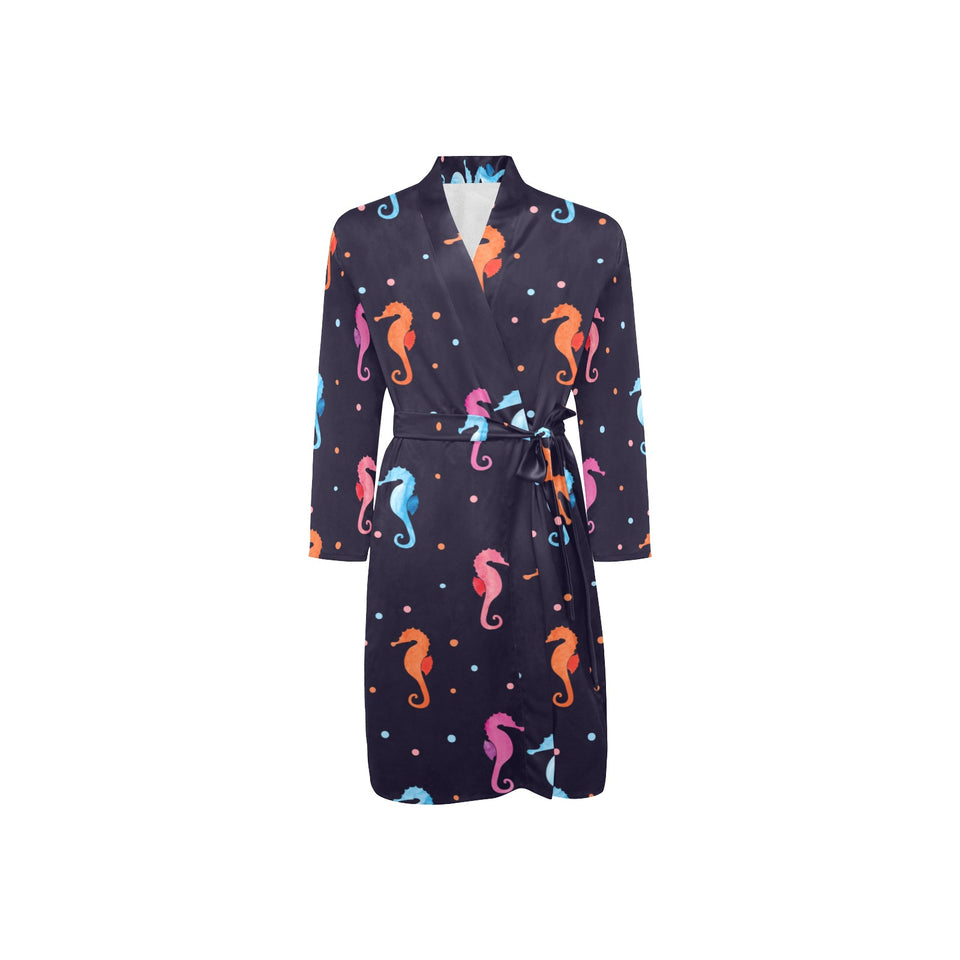 Watercolor colorful seahorse pattern Men's Long Sleeve Belted Night Robe