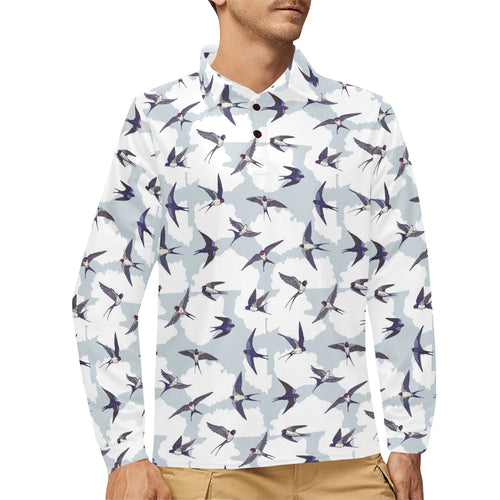 Swallow Pattern Print Design 05 Men's Long Sleeve Polo Shirt