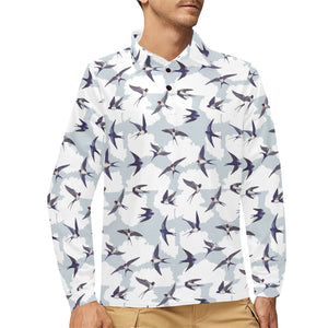 Swallow Pattern Print Design 05 Men's Long Sleeve Polo Shirt