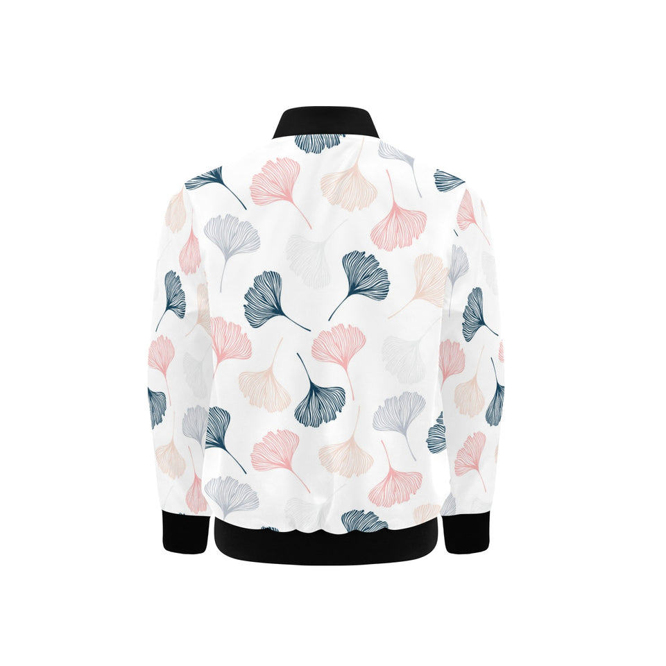 Black Gray Cream coral ginkgo leaves pattern Kids' Boys' Girls' Bomber Jacket