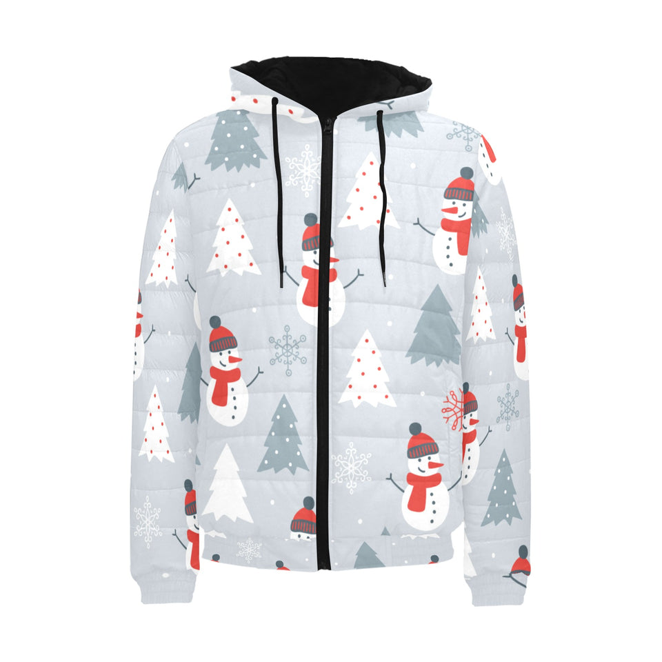 Snowman christmas tree snow gray background Men's Padded Hooded Jacket