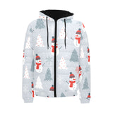 Snowman christmas tree snow gray background Men's Padded Hooded Jacket