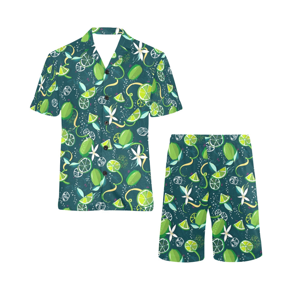 Lime ice flower pattern Men's V-Neck Short Pajama Set