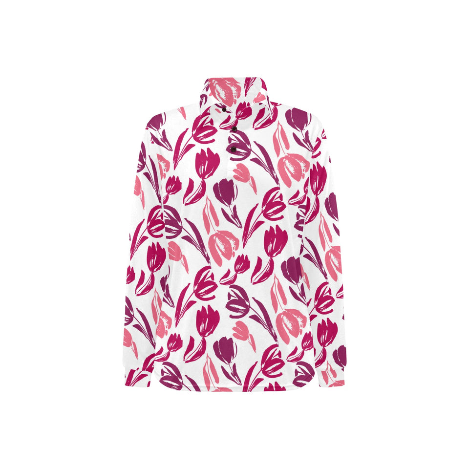 pink sketch tulip pattern Women's Long Sleeve Polo Shirt