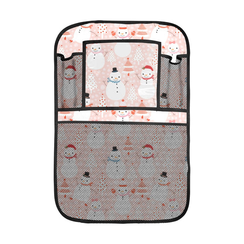 Cute snowman christmas tree snowpink background Car Seat Back Organizer