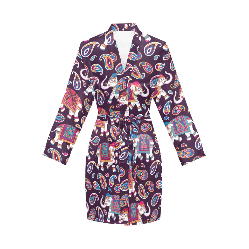 Elephant indian style ornament pattern Women's Long Sleeve Belted Night Robe