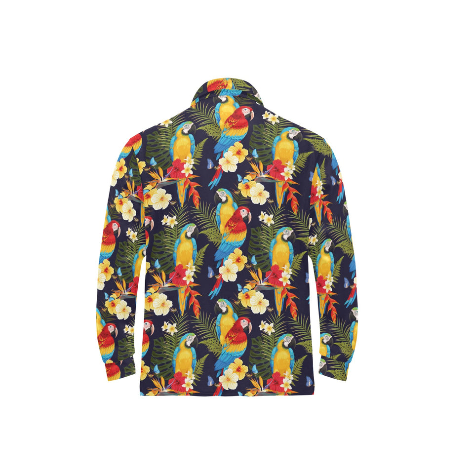 Colorful parrot flower pattern Men's Long Sleeve Polo Shirt