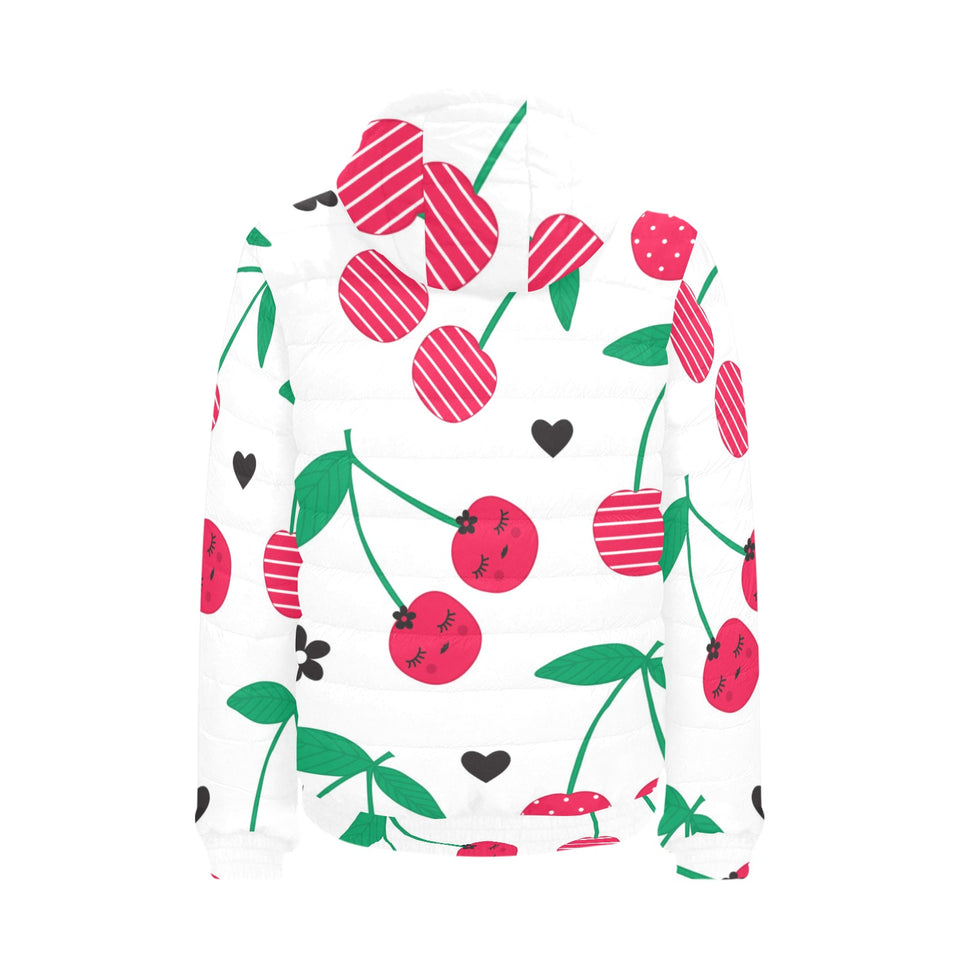 cherry pattern white background Men's Padded Hooded Jacket