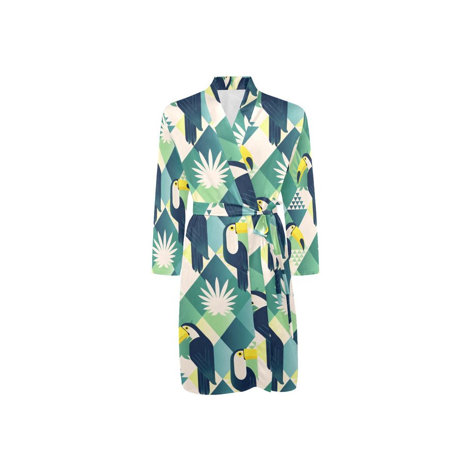 Toucan tropical green jungle palm pattern Men's Long Sleeve Belted Night Robe