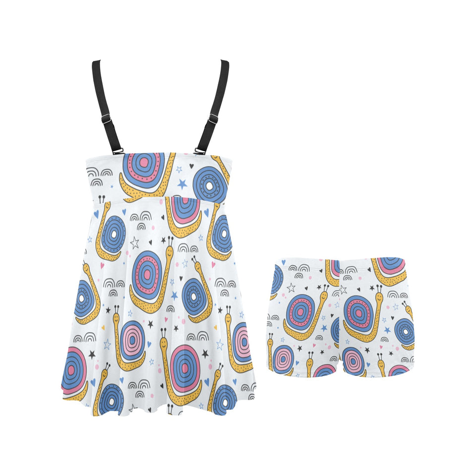 Snail Pattern Print Design 05 Chest Sexy Pleated Two Piece Swim Dress