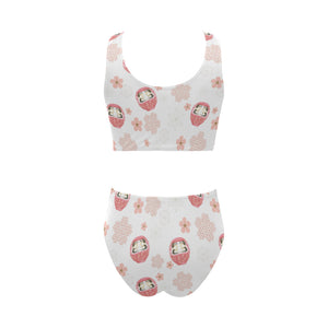 Daruma japanese wooden doll cherry blossom flower Chest Bowknot High Waisted Bikini Swimsuit