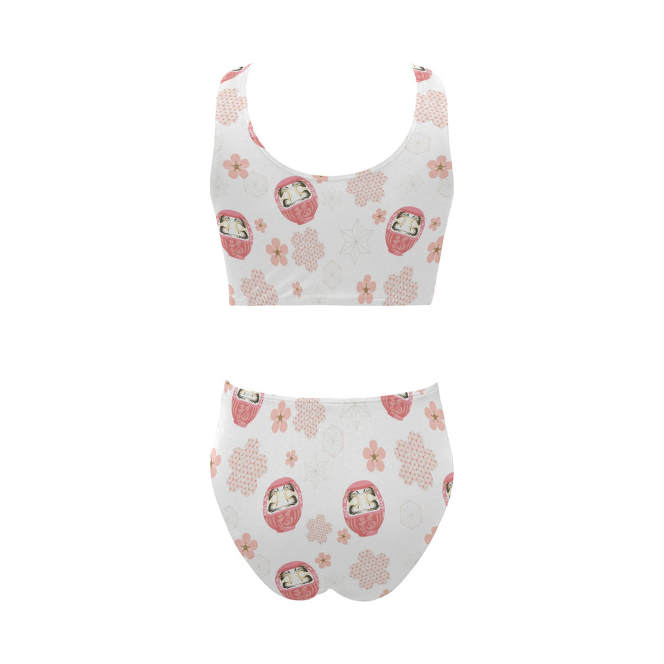 Daruma japanese wooden doll cherry blossom flower Chest Bowknot High Waisted Bikini Swimsuit