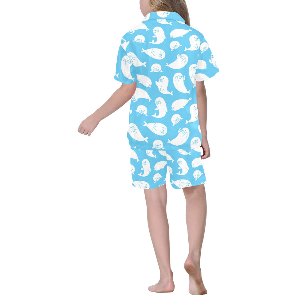 Cute white sea lion seals pattern Kids' Boys' Girls' V-Neck Short Pajama Set
