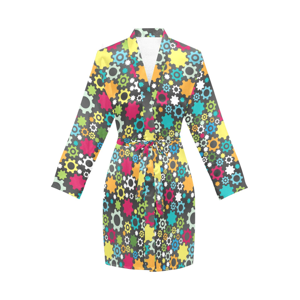 Gear Pattern Print Design 03 Women's Long Sleeve Belted Night Robe