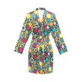 Gear Pattern Print Design 03 Women's Long Sleeve Belted Night Robe