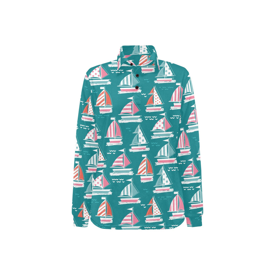 Cute sailboat pattern Women's Long Sleeve Polo Shirt