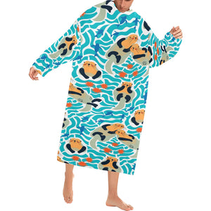 Cute sea otters fishe sea urchin pattern Blanket Robe with Sleeves