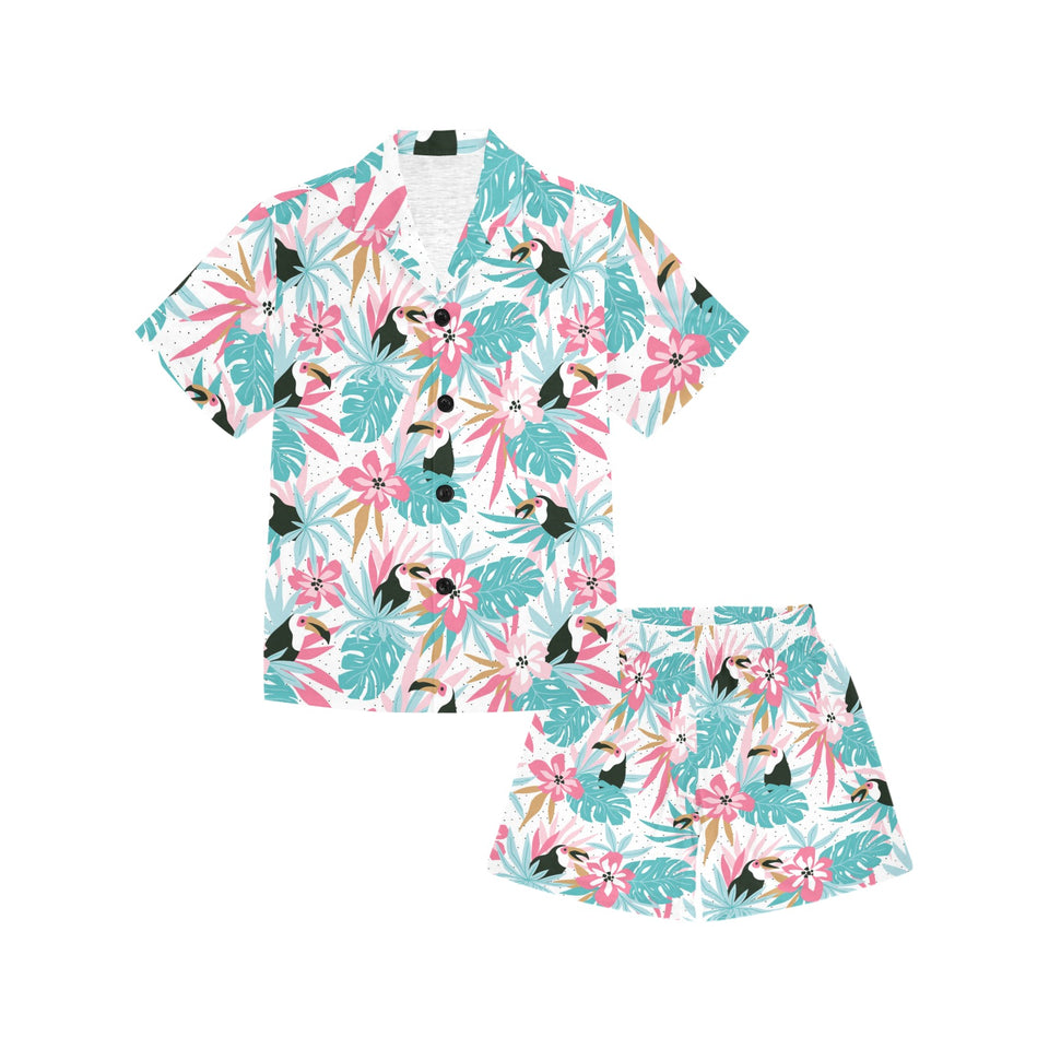 Toucan tropical flower leave pattern Kids' Boys' Girls' V-Neck Short Pajama Set