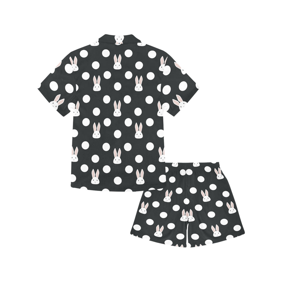 Cute white rabbit polka dots black background Kids' Boys' Girls' V-Neck Short Pajama Set