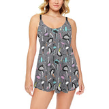 Ostrich Pattern Print Design 01 Chest Sexy Pleated Two Piece Swim Dress