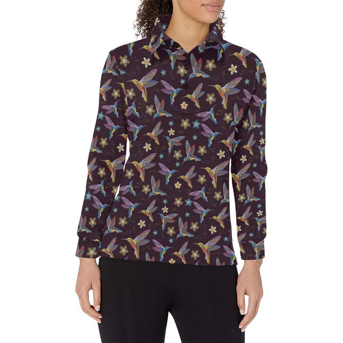 Hummingbird Pattern Print Design 04 Women's Long Sleeve Polo Shirt