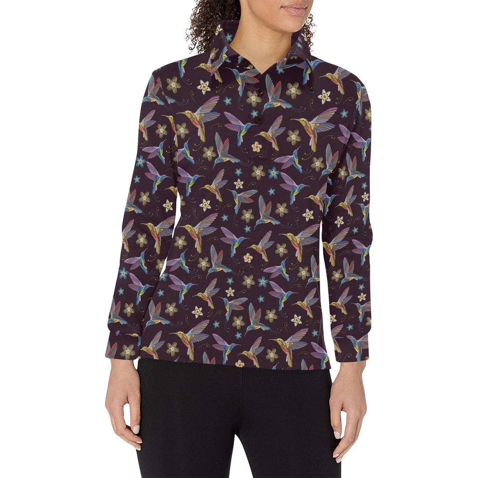 Hummingbird Pattern Print Design 04 Women's Long Sleeve Polo Shirt