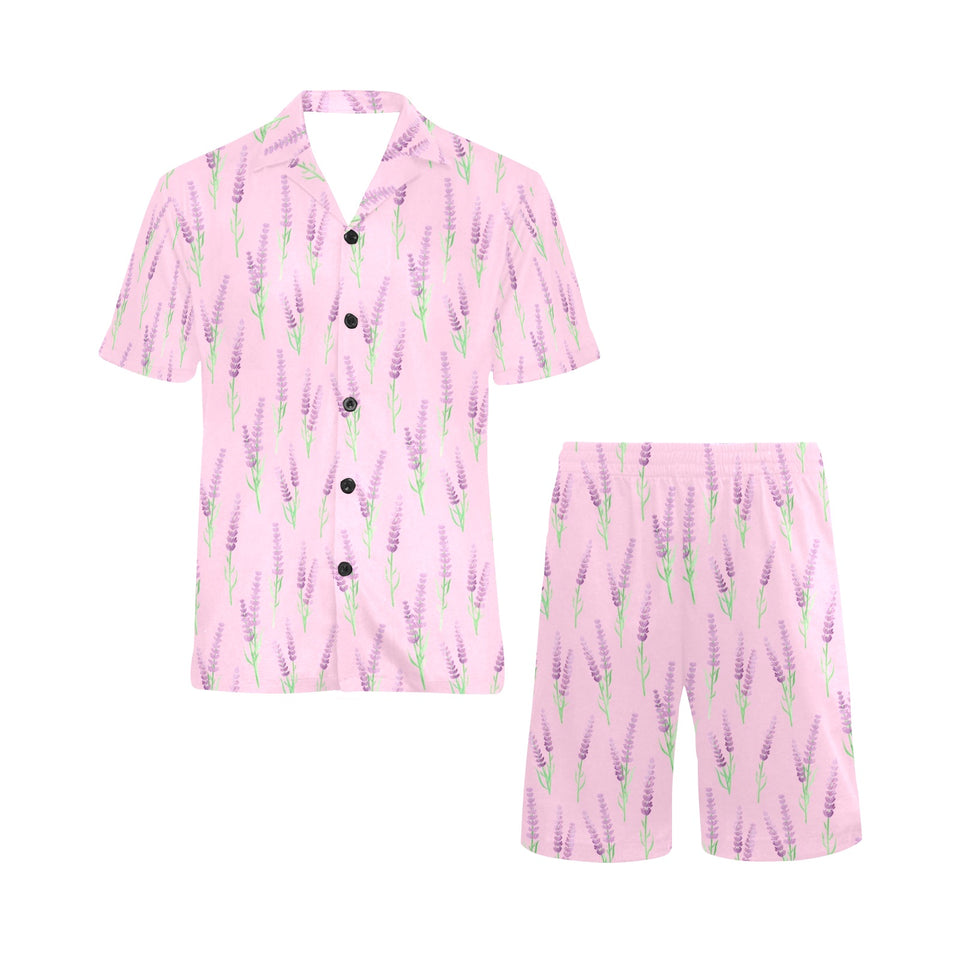 Lavender pattern pink background Men's V-Neck Short Pajama Set