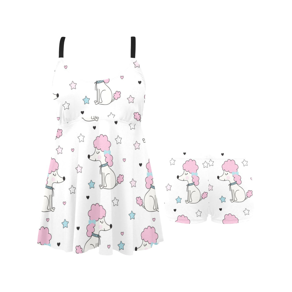 Cute poodle dog star pattern Chest Sexy Pleated Two Piece Swim Dress