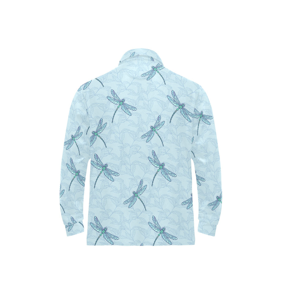 Dragonfly pattern blue background Men's Long Sleeve Polo Shirt