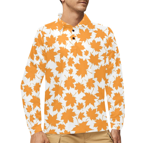 Orange Maple Leaf pattern Men's Long Sleeve Polo Shirt