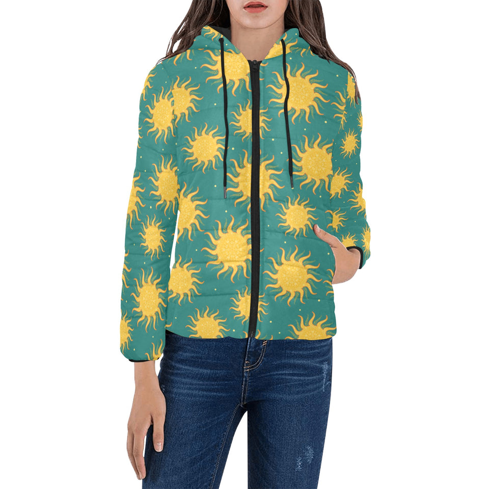 Sun green background Women's Padded Hooded Jacket