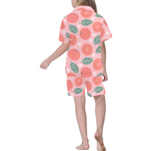 Grapefruit leaves flower pink background Kids' Boys' Girls' V-Neck Short Pajama Set