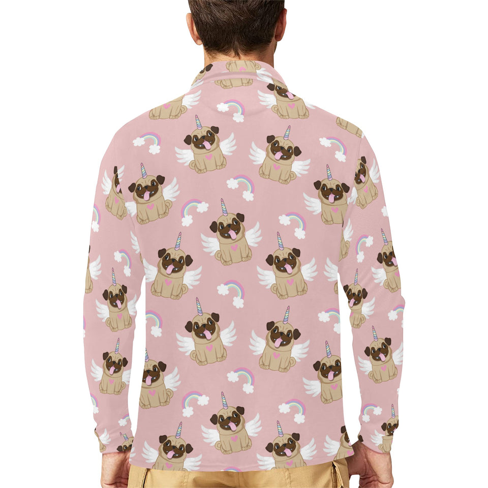 Cute unicorn pug pattern Men's Long Sleeve Polo Shirt