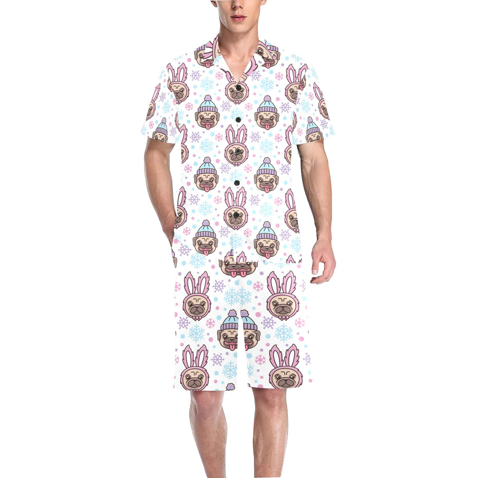 Cute pug hat rabbit costume pattern Men's V-Neck Short Pajama Set