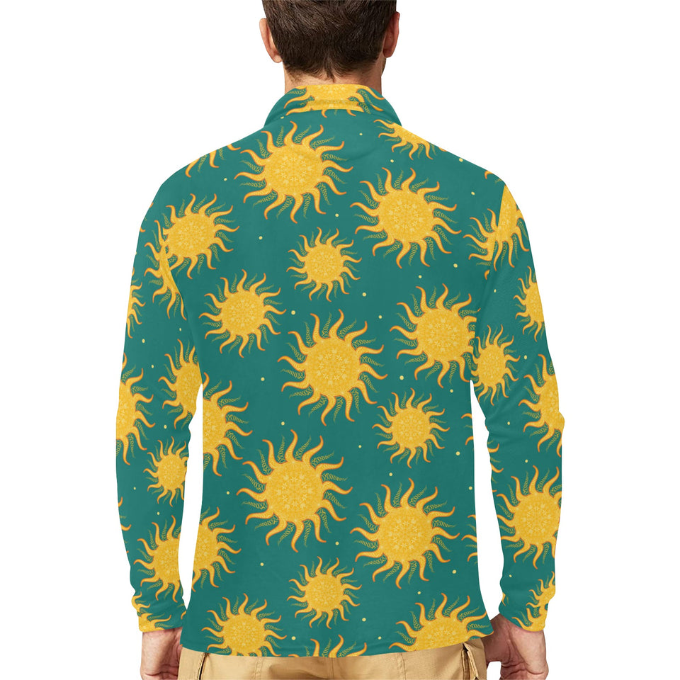 Sun green background Men's Long Sleeve Polo Shirt