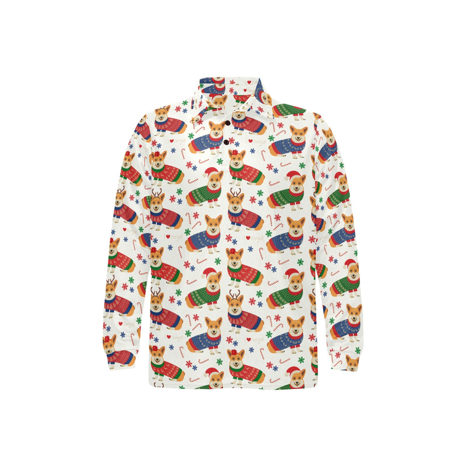 Corgi Christmas Pattern Men's Long Sleeve Polo Shirt