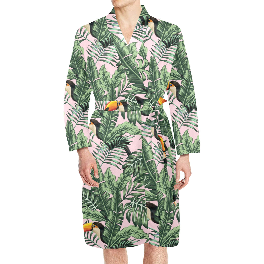 Toucan tropical flower leave pattern Men's Long Sleeve Belted Night Robe