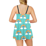 Rainbow pattern green background Chest Sexy Pleated Two Piece Swim Dress