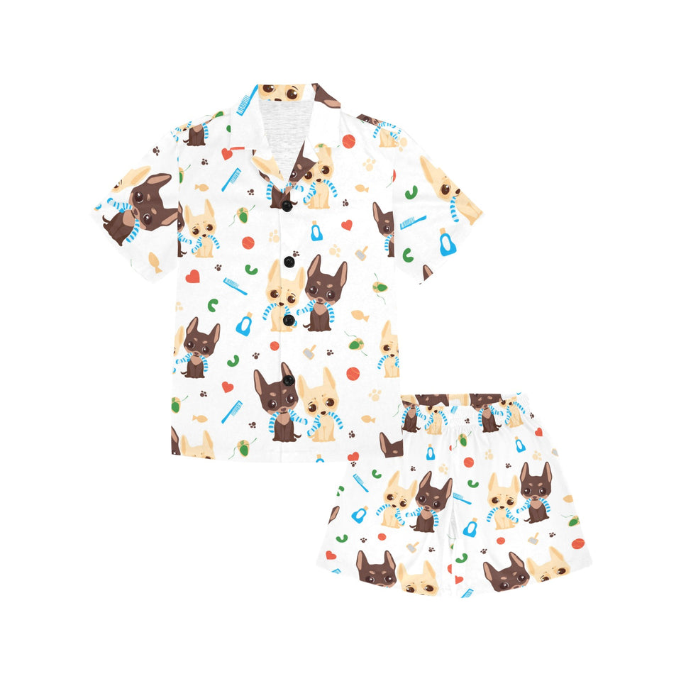 Cute Chihuahua dog pattern Kids' Boys' Girls' V-Neck Short Pajama Set