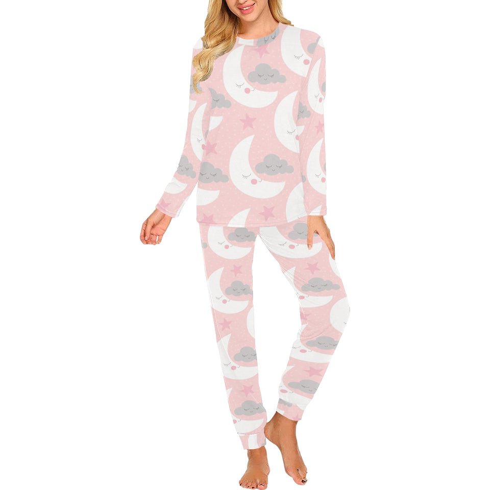 Cute moon cloud star pattern pink dot background Women's All Over Print Pajama Set