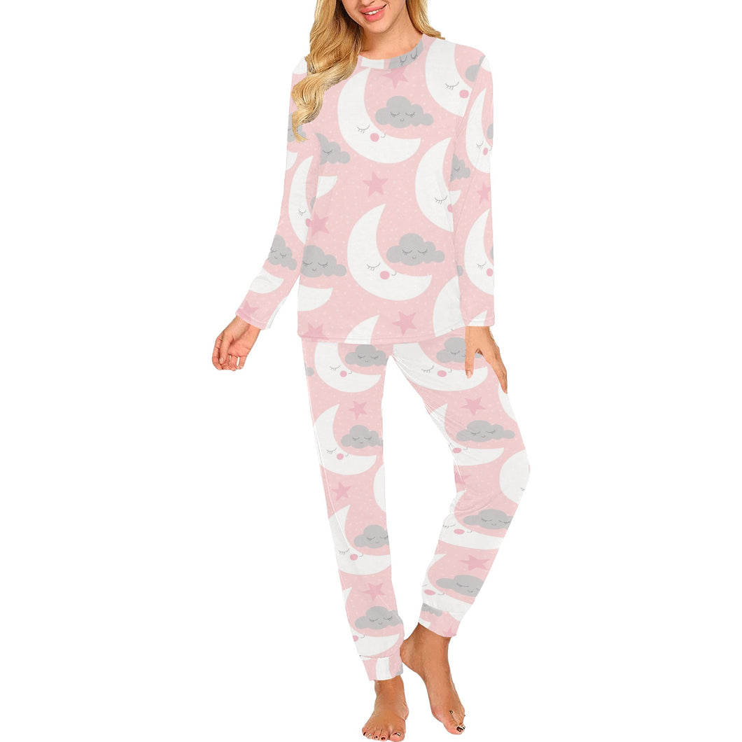 Cute moon cloud star pattern pink dot background Women's All Over Print Pajama Set