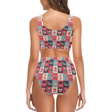 British Pattern Print Design 05 Chest Bowknot High Waisted Bikini Swimsuit