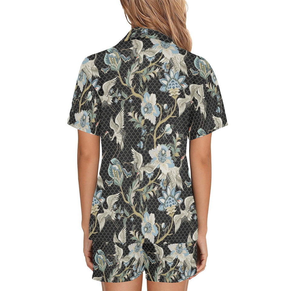 Japanese crane ornament elements Women's V-Neck Short Pajama Set