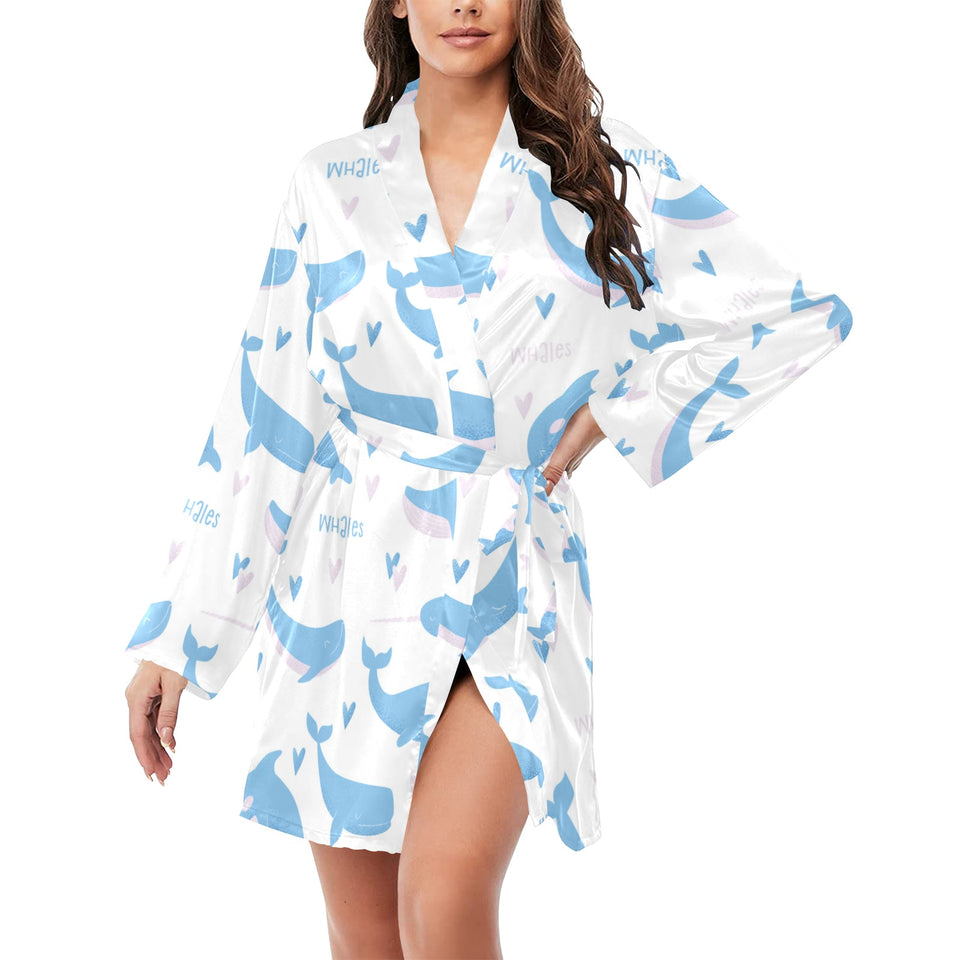 Blue whale pattern Women's Long Sleeve Belted Night Robe